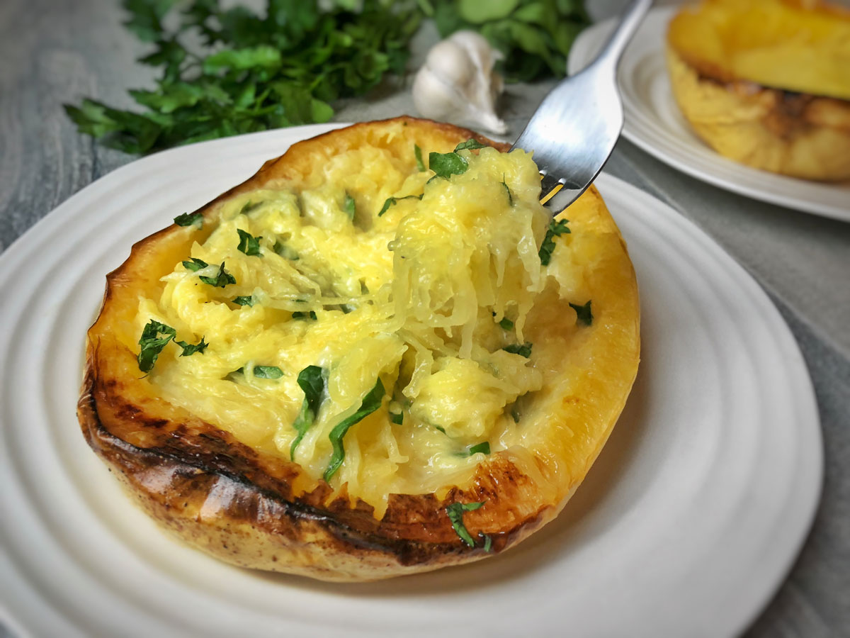 Roasted dairy-free spaghetti squash alfredo.